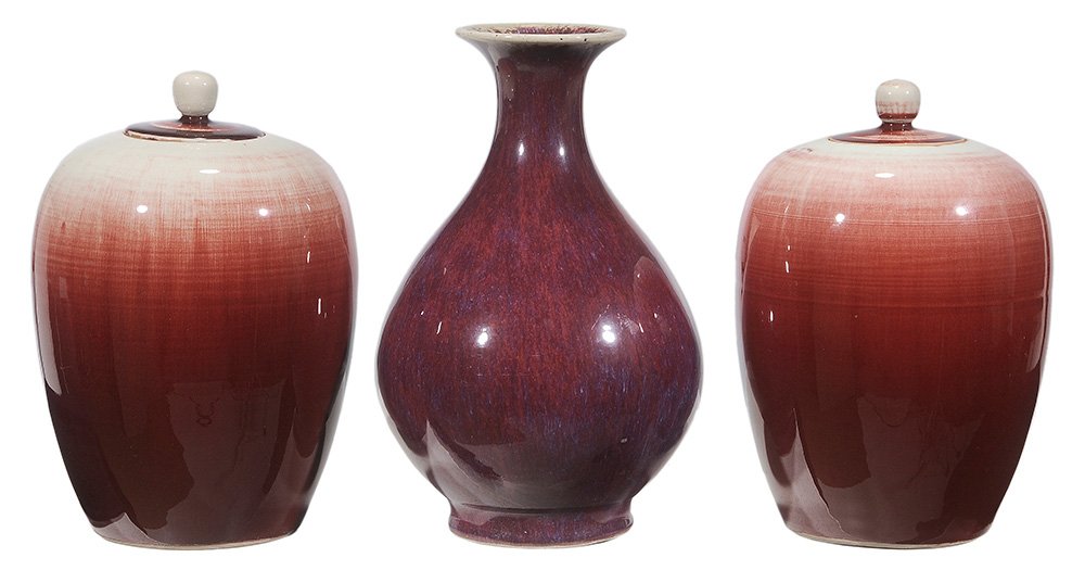 Flambé Vase and Pair Covered Jars (1 of 8)