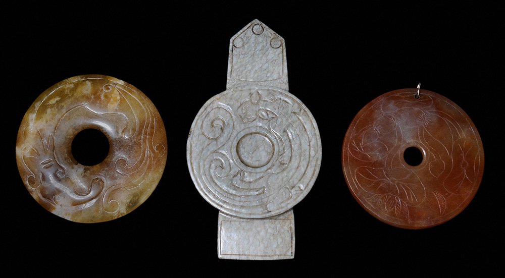 Three Carved Jade and Hardstone [Bi] (1 of 9)