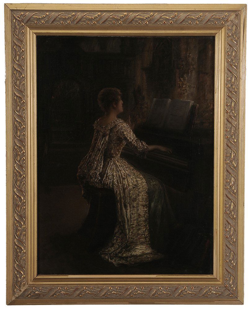 Clemens Vanden Broeck: (Belgian, 1843-1922) Lady Playing an Organ, signed lower right "Clem. Vanden Broeck", oil on canvas, 27 x 20 in.; modern gilt wood frame, lined with linen, restretched on old stretcher, crackle, retou