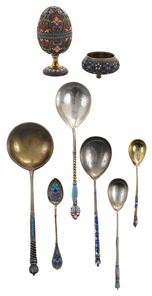 Seventeen Russian Silver Items: all pieces with enamel decoration, most gilt: one with large round bowl marked possibly for Gavril Grachev; one with double eagle decoration on back of bowl; egg form double cup; open salt; plique-a-j