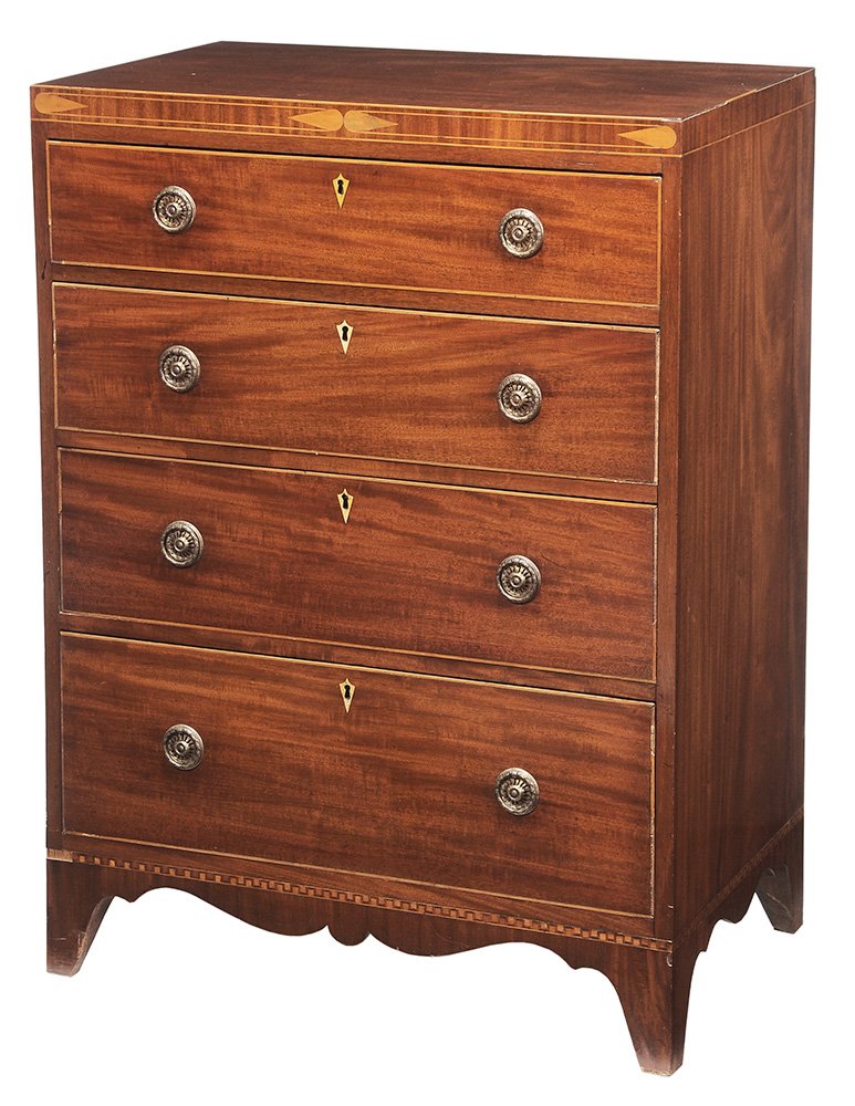 Hepplewhite Inlaid Mahogany Four-: Drawer Chest British, early 19th century, dovetailed drawers set with bone escutcheons, oak and pine secondary, tall narrow proportions, probably original brasses, 41 x 30-1/4 x 19 in. generally good 