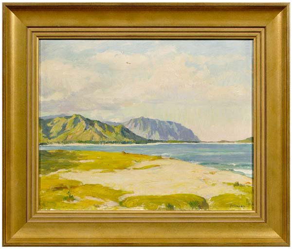 Joseph Sharp Hawaiian painting,: titled verso on canvas "Kailua Beach Beyond the Pali", signed lower right "J.H Sharp" (Joseph Henry Sharp, Pasadena, California, 1859-1953), oil on linen, large canvas stencil verso, 16-1/8 x 20 in.;
