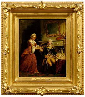 William Sanford Mason painting: (American, 1824-1864), General Greene receiving money from Elizabeth Steele in Salisbury, North Carolina, during the Revolutionary War, signed lower right "W. Sanford Mason 1854", oil on fiberboard, 8