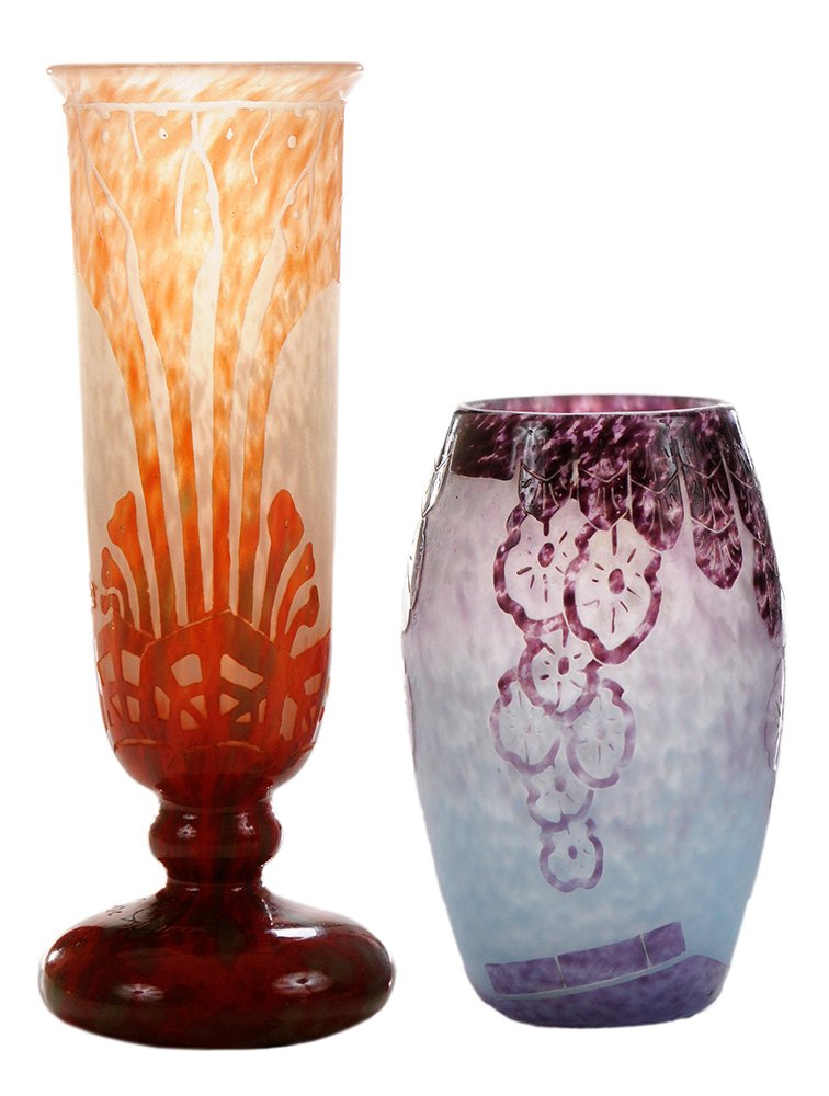 Two Le Verre Francais Cameo Glass: Vases Signed Charder France, early 20th century, mottled purple and blue base glass with stylized pendant flowers, signed in cameo script on side "Charder", etched near foot "Le Verre Francais" and ac