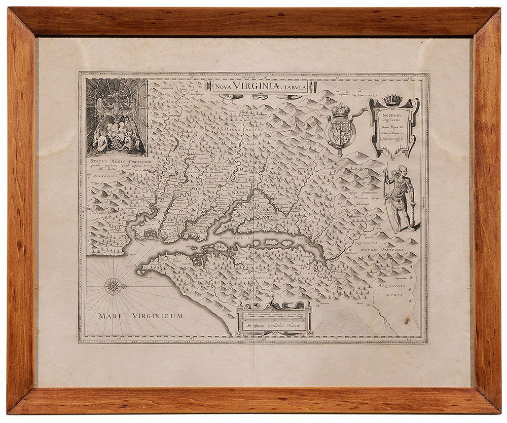 [Nova Virginiae Tabula] by Willem: Blaeu, circa 1640 an uncolored version of Blaeu's map of Virginia based on James Smith's seminal Virginia map, double-page engraved map with vignette in the upper left corner portraying the Indian chi