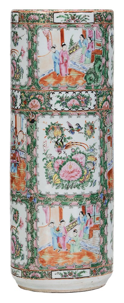 Famille Rose Umbrella Stand: Chinese, late 19th century, elaborately decorated with alternating panels of court figures, phoenix and florals, base stamped "CHINA", 24 in.