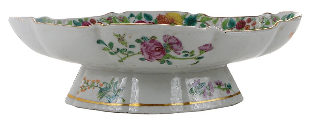 Finely Decorated Famille Rose Compote: with Phoenix Chinese, late 18th/early 19th century, oval footed compote, center with phoenixes, birds and flowering trees in a landscape, floral panels, gilt highlights, unmarked, old "S Marchant & So