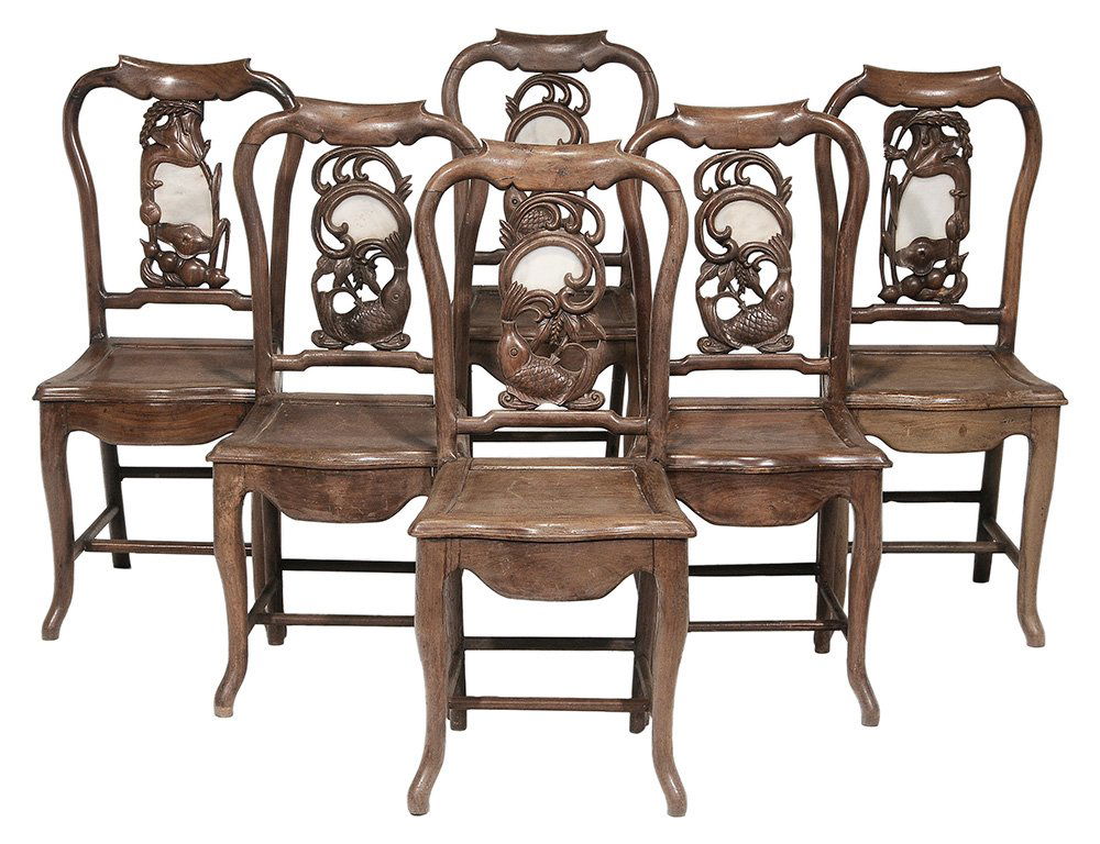 Set of Six Carved Hardwood and White: Stone-Inset Side Chairs Chinese, late 19th/early 20th century, four with fish-carved back centering a white stone inset, two with lily pad and flower backs, 36-3/4 in.