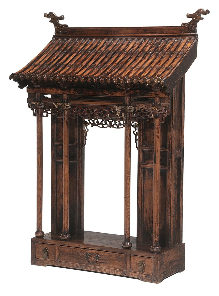 Chinese Carved, Painted and Parcel: Gilt Tabletop Altar probably 19th century, elm and other mixed woods, the pagoda form with traces of red stain and gilding, set with three lower dovetailed drawers, 51 x 37 x 16-1/4 in.