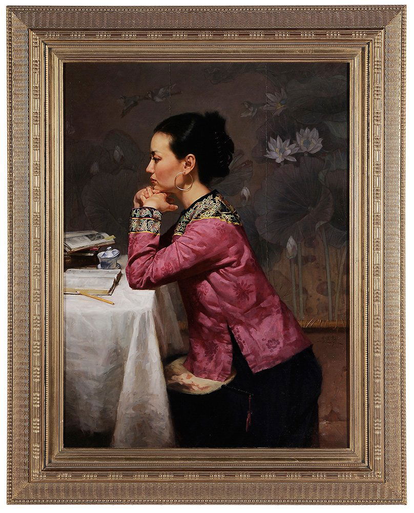 Jie Wei Zhou: (Chinese, born 1962) Jeannie with Love Birds, signed lower right in Chinese and "Jie Wei Zhou", oil on canvas, 40 x 30 in.; modern carved and gilt wood frame,