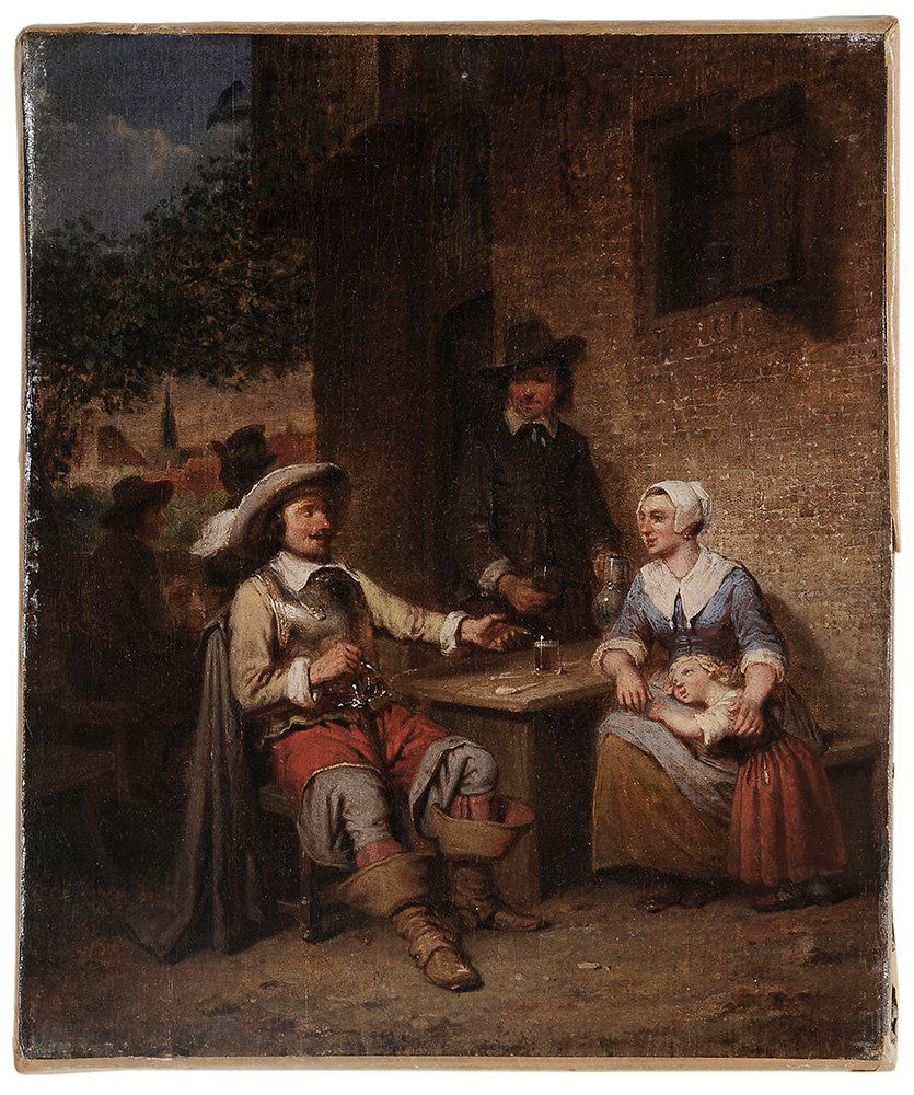 Dutch School: (18th/19th century) Family at a Tavern, unsigned, oil on canvas, 11-3/8 x 9-5/8 in.; unframed,