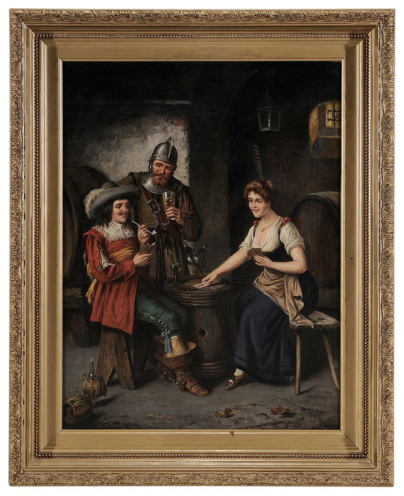 Carl Ostersetzer: (German, 1845-1915) The Card Game, signed lower right "C. Ostersetzer", oil on canvas, 25-5/8 x 19-5/8 in.; gilt wood and composition frame,