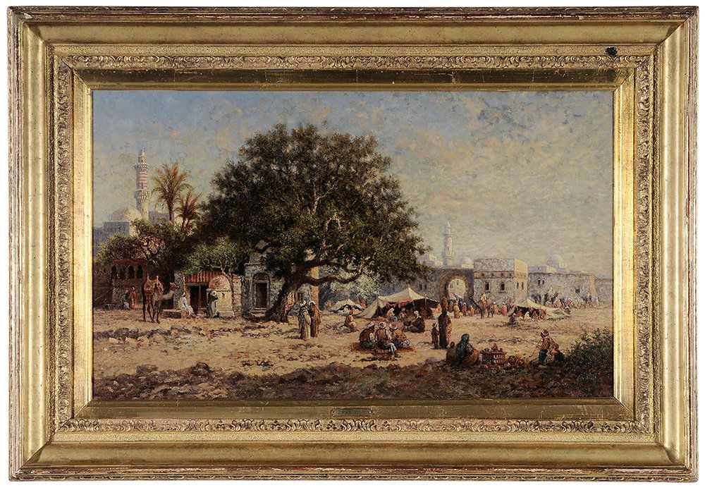 Follower of Alberto Pasini: (19th/20th century) Arabs Camping Before the Walls of Cairo, signed bearing signature lower right "Pasini", oil on canvas, 18 x 30 in.; modern gilt wood and composition frame,