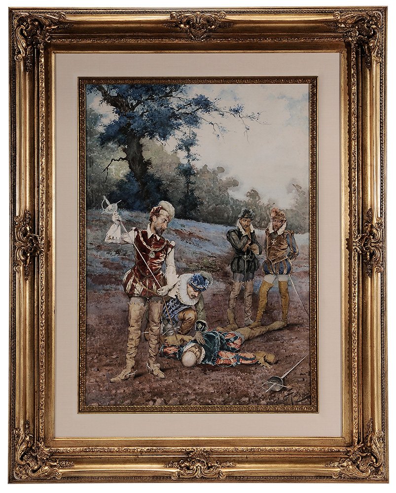 Giuseppe Aureli: (Italian, 1858-1929) The Duel, 1888, signed lower right "G. Aureli/1888", watercolor on paper, 33 x 23 in. (sight); modern gilt wood frame,