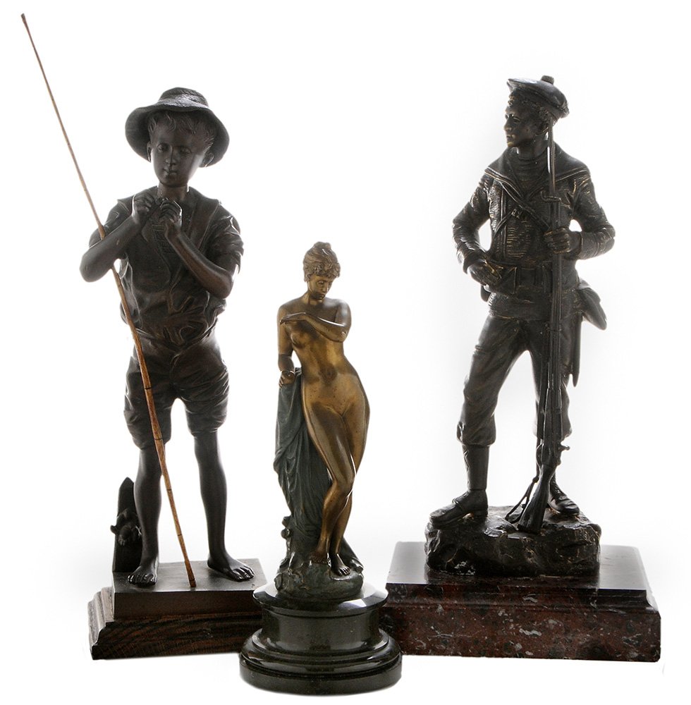 Three Continental Bronzes: (19th/20th century) Sailor, signed "G. Omerth", on red marble base, 13-1/2 in., [some rubbing]; Boy Fishing [Pcheur], signed "Lavergne" (Adolphe-Jean Lavergne, French), 12-1/2 in., [missing original r