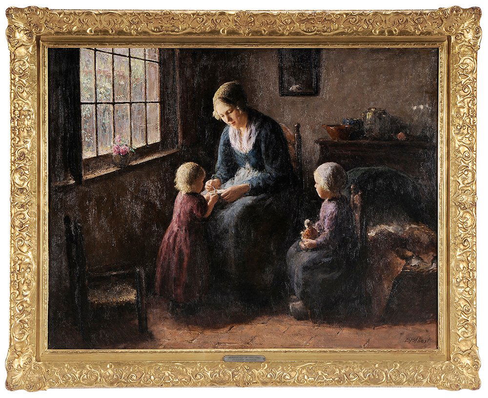Bernard Pothast: (Dutch, 1882-1966) Two Children and Their Mother in a Sunlit Interior, signed lower right "B Pothast", oil on canvas, 28-1/2 x 37 in.; gilt wood frame,