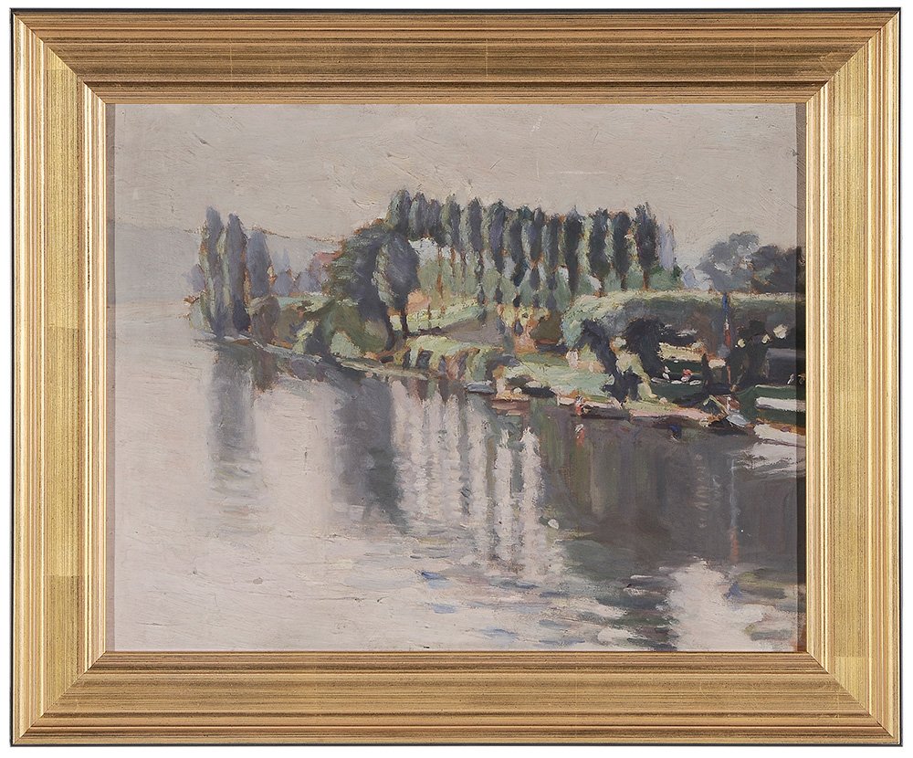 Attributed to Maximilian Keller: (German, 1916-1982) Cypress Stand by a River, unsigned, oil on panel, 12-3/4 x 16-3/4 in.; gilt wood frame,