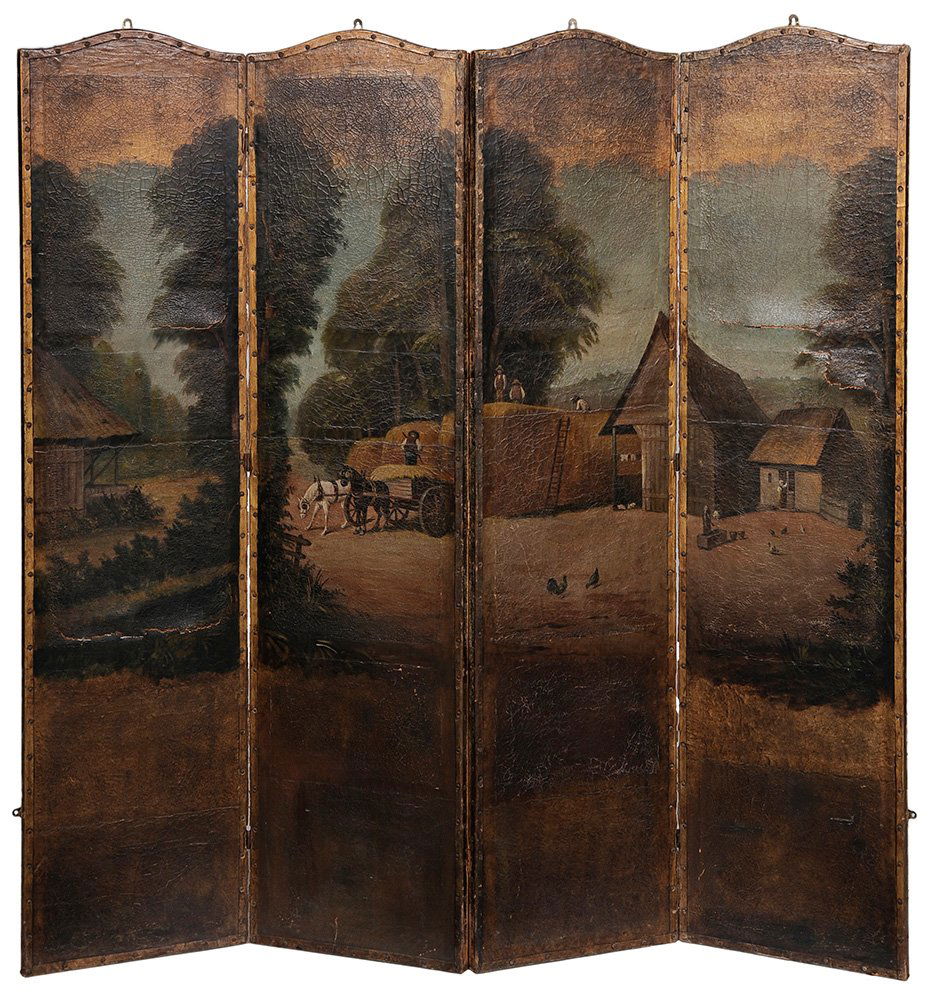 Vintage Hand-Painted Leather Four-: Panel Room Screen late 19th/early 20th century, overall farm scene with hay wagon, figures and chickens in a broad landscape, black-painted back, 72-1/2 x 72 in.