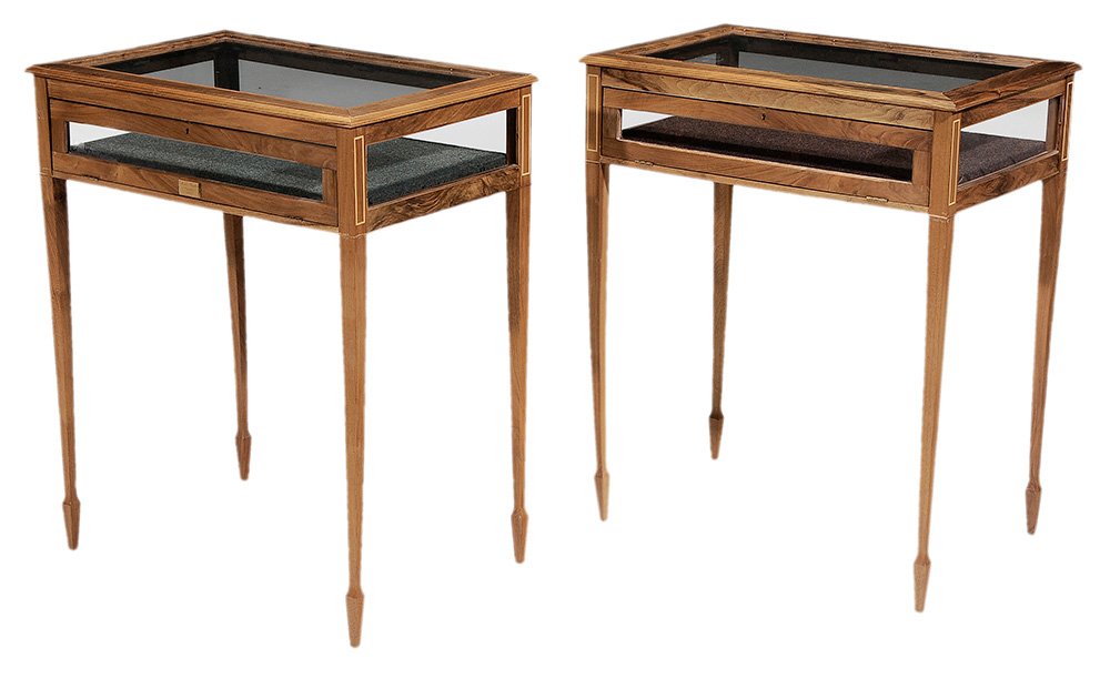 Pair Hepplewhite Style Inlaid Walnut: Vitrine Cabinets late 20th century, each with hinged fall front, fabric lined interior, glazed on four sides, one has plaque “Martin Franklin Staplehurst 1980”, 35-1/4 x 29-1/2 x 19-1/4 in.