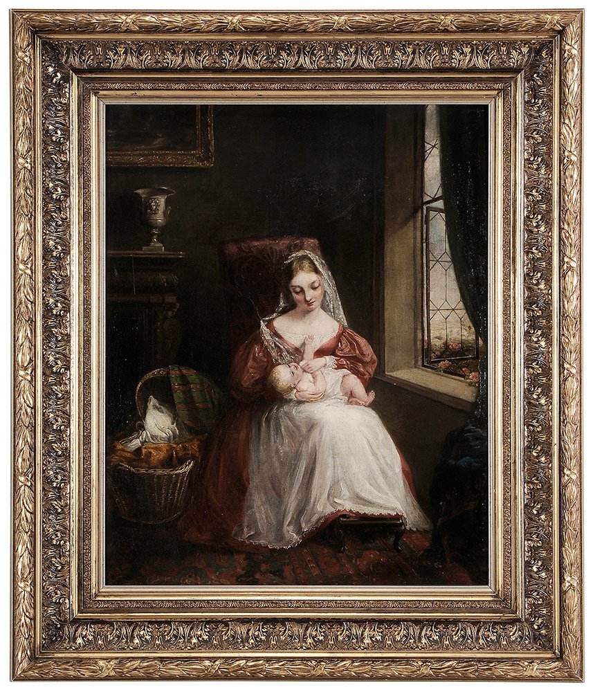 Attributed to Jean Augustin Franquelin: (French, 1798-1839) Woman with Baby Seated by a Sunlit Window, signed lower left and hidden partially by liner "Franquelin", oil on canvas, 22-1/2 x 18 in.; modern gilt wood frame,