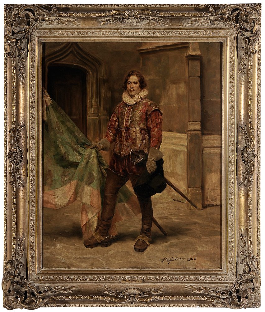 Alex De Andreis: (British, 1880-1929) Cavalier with a Banner in an Interior, signed lower right "Alex de Andreis 1925", oil on canvas, 32 x 25-3/4 in.; gilt wood and composition frame,