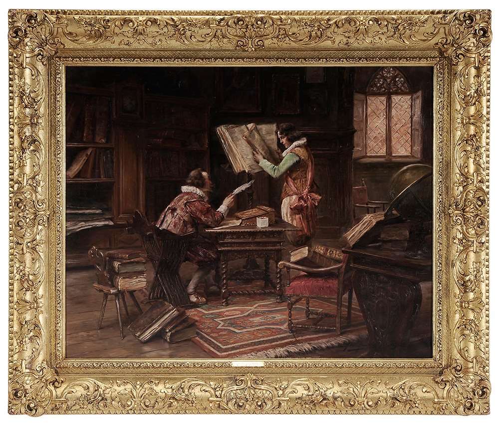 Alex De Andreis: (British, 1880-1929) Two Cavaliers in a Study, 1929, signed lower right "A De Andreis 1923", oil on canvas, 25-5/8 x 31-3/4 in.; gilt wood and composition frame,