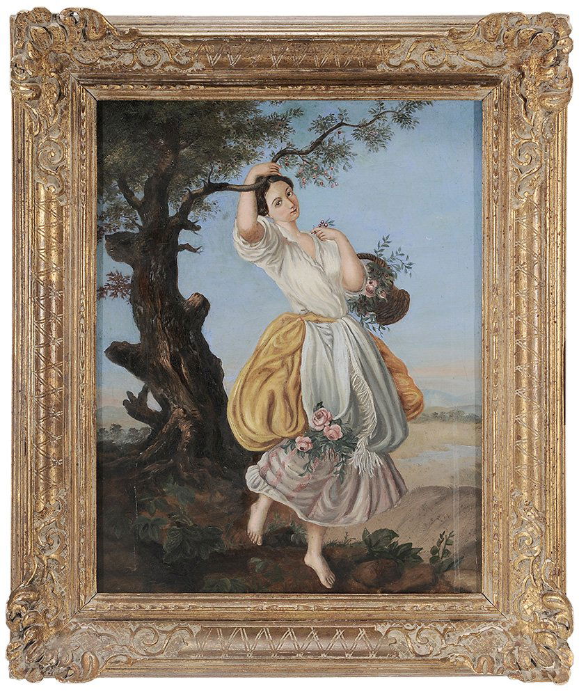 British or French School: (19th century) Girl Picking Cherries, unsigned, oil on canvas, 18-1/2 x 14-5/8 in.; gilt wood frame,