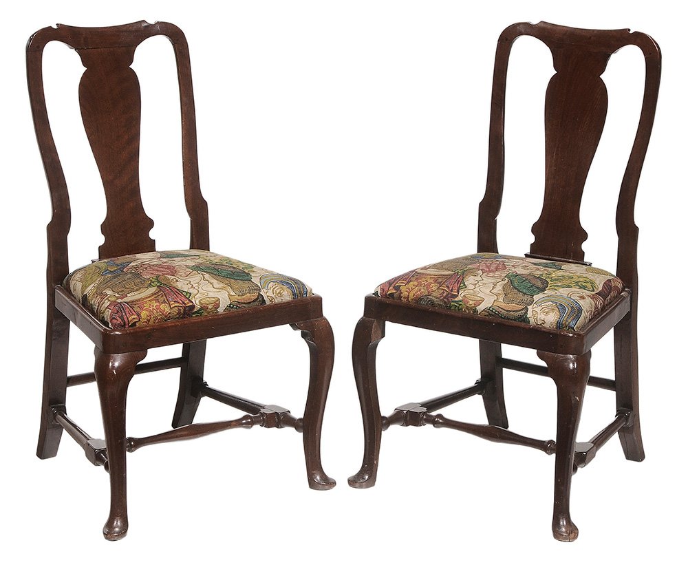 Pair Queen Anne Walnut Side Chairs: British, 18th century, walnut throughout with upholstered slip seats, slipper feet, turned stretchers, 34-1/4 in.; one chair missing front knee return