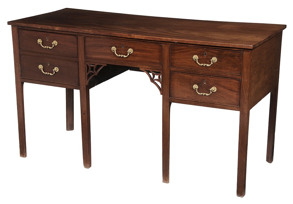 Chippendale Figured Mahogany Sideboard: British, 18th century, three drawers and one door with false double front, pierced corner brackets and chamfered legs, 32-1/2 x 58 x 24-3/4 in.