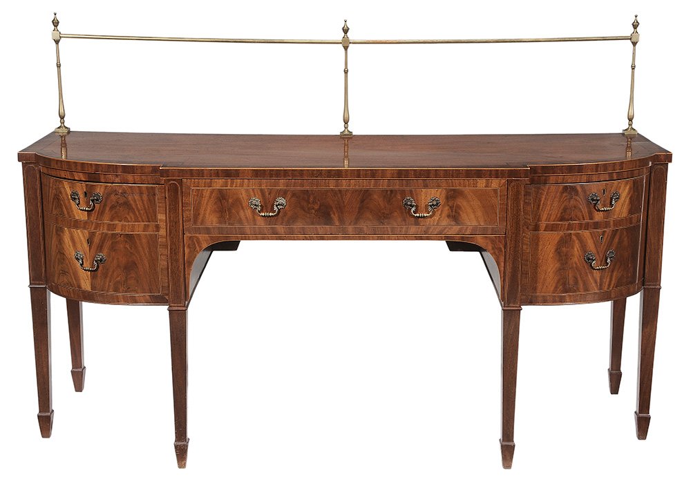 Georgian Inlaid Mahogany Sideboard: with Brass Towel Rack British, 19th century, figured veneers, banded top with towel rack over two dovetailed drawers with oak linings and a single door with false double front, the cellaret drawer wit
