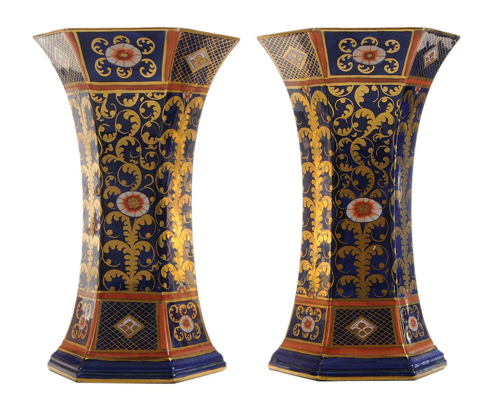 Pair of Handsome Wilton Ware Vases: A.G. Harley-Jones, England, early 20th century, porcelain, hexagonal waisted form covered overall in blue, red and gold in the Imari style, crowned double circle around a bird with "A.G.H.J. STOKE ON