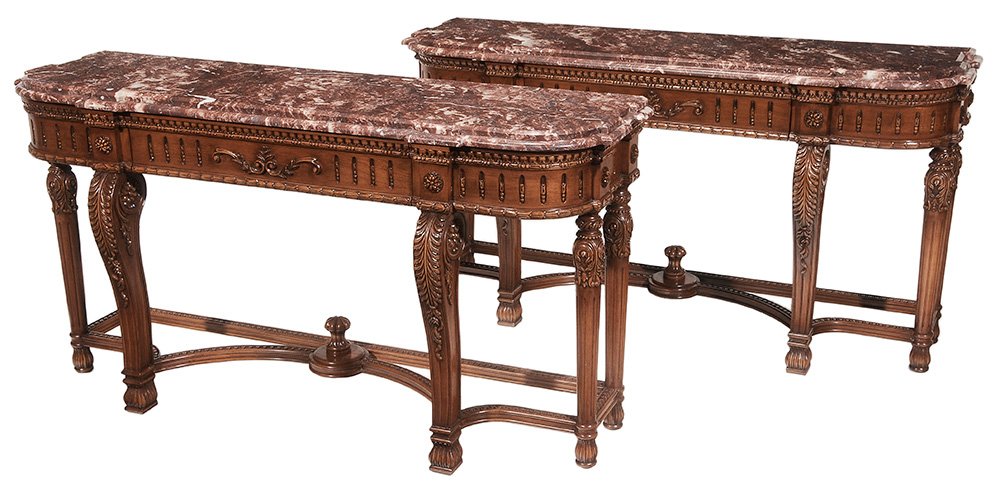 Pair Adam Style Carved and Marble-Top: Pier Tables modern, each with rouge marble stepped top over a carved frame set with a single frieze drawer and stretcher base, 35-1/2 x 68 x 19-1/4 in.