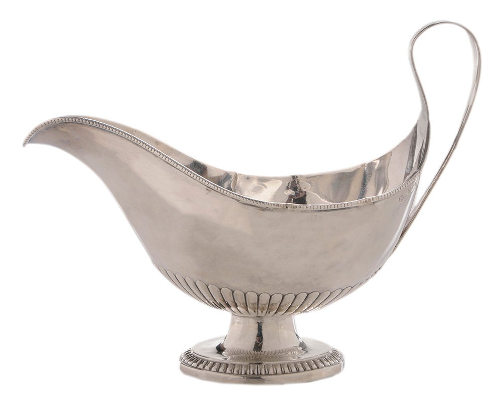 Matthew Boulton English Silver: Sauceboat Birmingham, 1811, bead and gadroon borders, strap handle with acanthus terminals, marks for Matthew Boulton, no monograms, 11.18 oz. T., .925 fine, 6-3/4 x 8-3/4 x 4 in.,