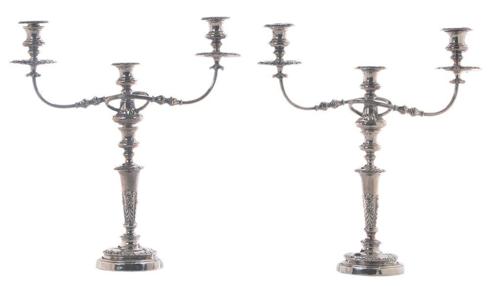 Pair of Old Sheffield Plate Three-Cup: Candelabra probably English, early to mid 19th century, acanthus and floral decoration, reeded arms, unmarked, 19-1/4 x 18-1/4 in.,