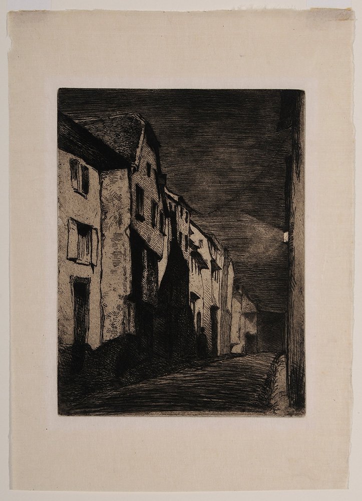 James Abbott McNeill Whistler: (France/American, 1834-1903) Street at Saverne, state v/v, from [Twelve Etchings from Nature], (Kennedy 19), signed lower left "Whistler", drypoint etching on cream Japan laid paper, 8-1/8 x 6-3/16 in