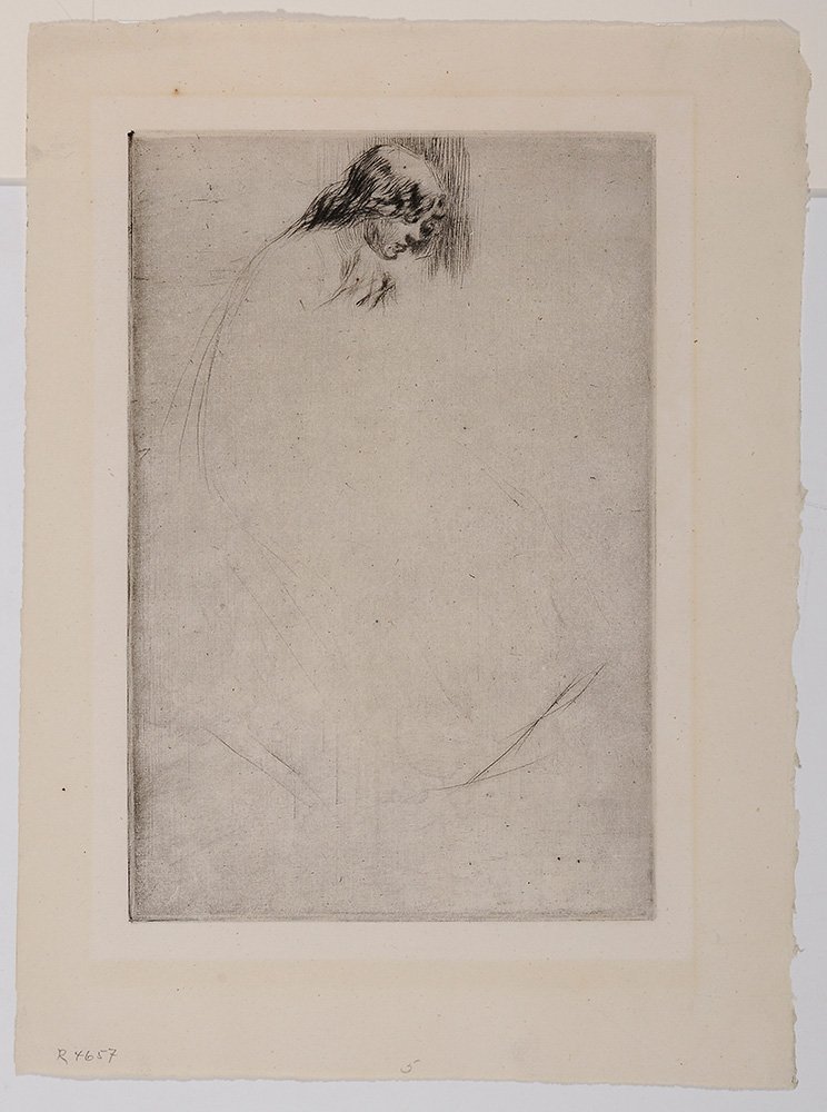 James Abbott McNeill Whistler: (France/American, 1834-1903) Jo's Bent Head, 1861, state II (a), (Kennedy 78), drypoint etching on laid paper, possibly Dutch, with crest with looped ribbon surmounted with a tulip watermark, 9 x 5-7/