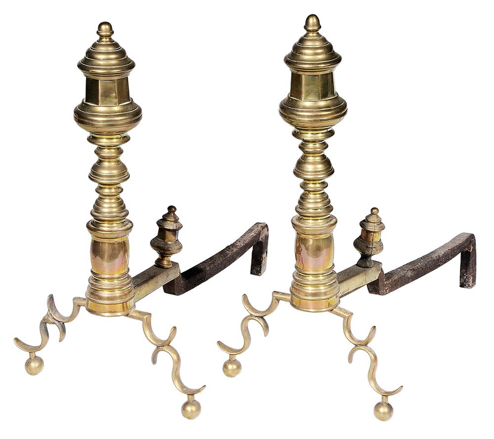 Pair American Federal Brass Andirons: early 19th century, turned and faceted tops on spurred legs with log stops, 18-3/4 in.