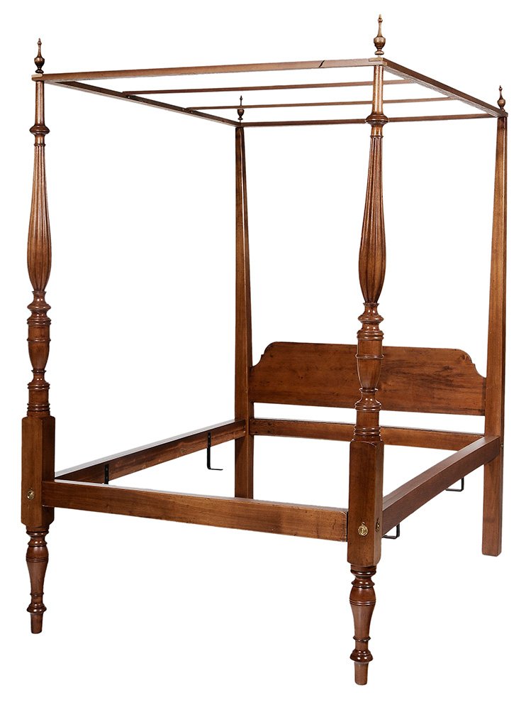 American Federal Four-Poster Bedstead: early 19th century, maple and birch with pine headboard with urn-turned and reeded footposts, tapered square headposts, 92 x 81 x 58 in. inside, 75-1/2 x 52 in. exterior,