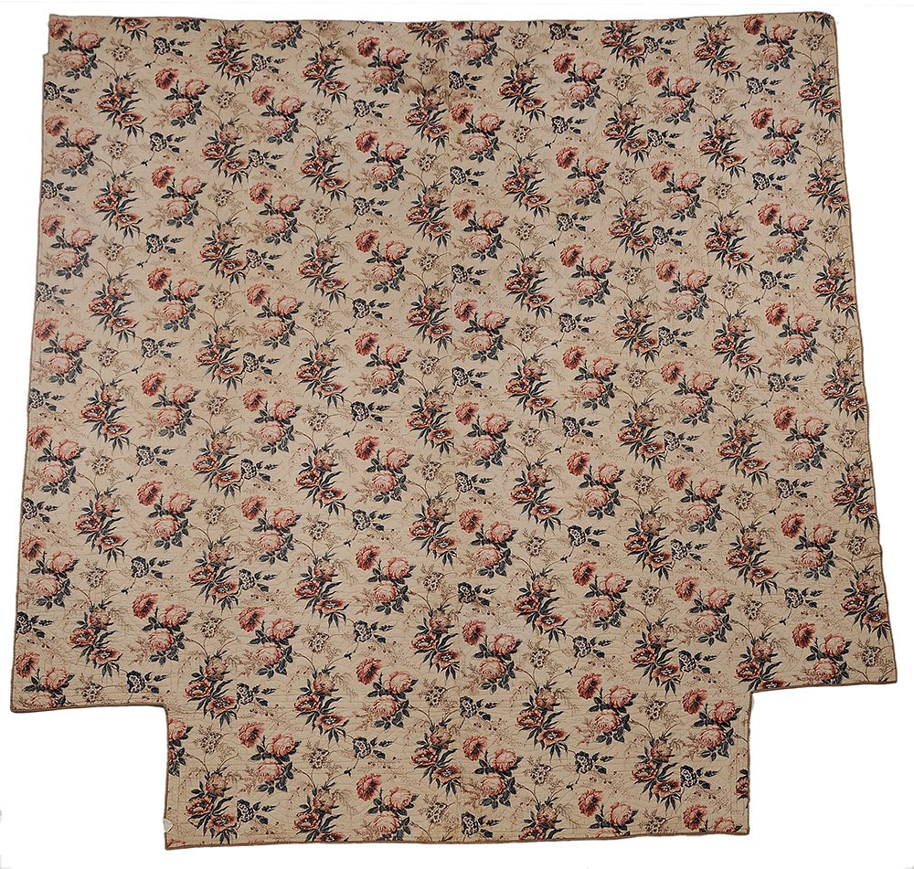 Chintz Quilted Bedcover: probably American, early 19th century, whole cloth chintz pattern of English cabbage roses on white ground, quilted in shell pattern, printed floral pattern verso, 97 x 96 in.