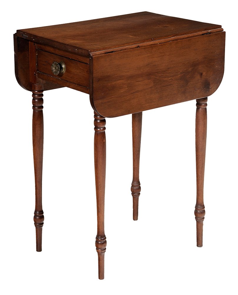American Federal Drop-Leaf Side Table: early 19th century, single dovetailed drawer with poplar secondary, original brass drawer pull, slender turned legs, 28-1/2 x 15 x 20-3/4 in., opens to 29 in.