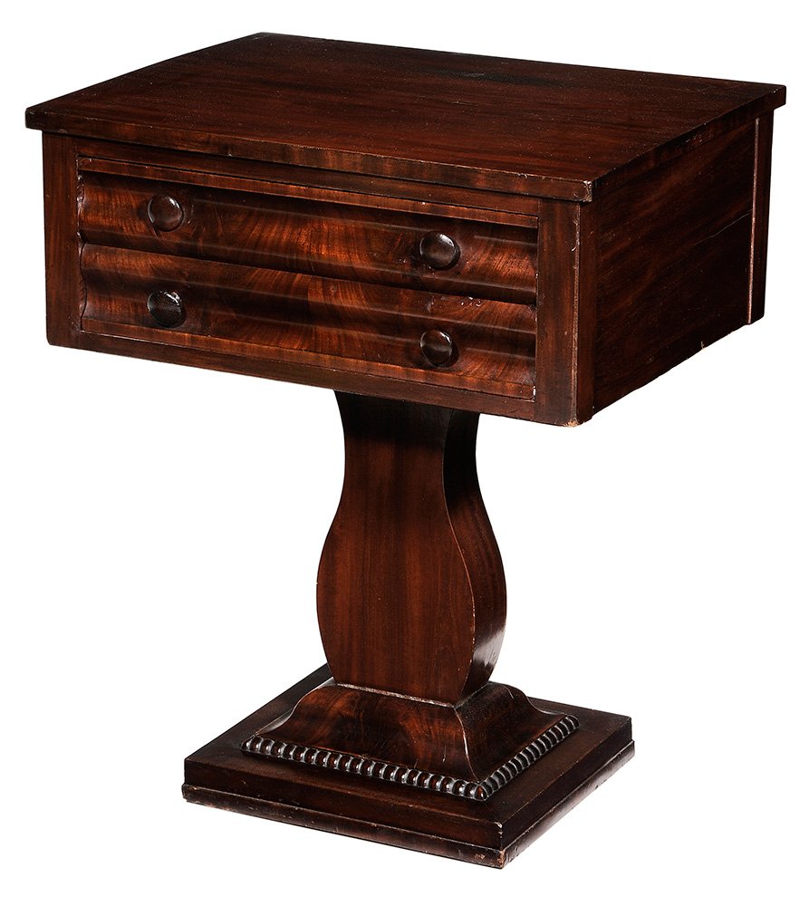 American Classical Figured Mahogany: Pedestal-Form Side Table probably New York, 19th century, with two dovetailed ogee drawers with poplar secondary, pedestal-form base, 28-1/2 x 24 x 18-1/4 in.