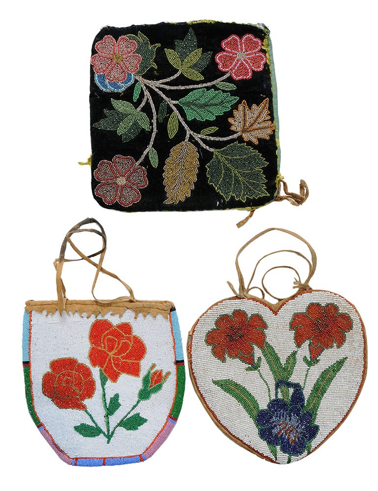Finely Beaded Nez Perce Bag, Deerskin: Bag, and a Beaded Bag Face American, early 20th century: finely crafted and beaded deerskin-trimmed bag, floral designs on both sides, rawhide loop handles, 8 x 8 in., [good condition;] heart-shaped b