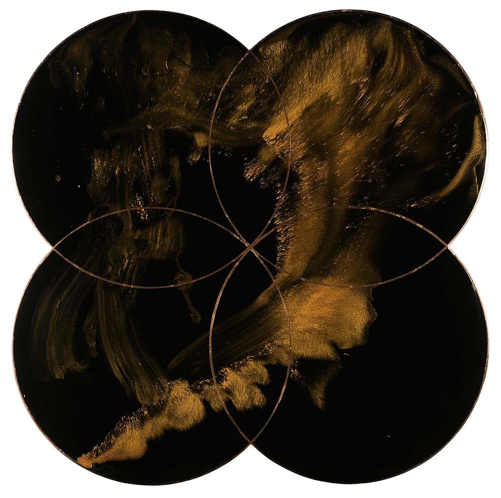 Max Gimblett: (New York, born 1935) The Dawn of Science, 2006, signed verso "© Max Gimblett" and inscribed and dated, gesso, pencil, metallic pigment, polyurethane and copper on wood panel, unframed, 60 x 60 in..