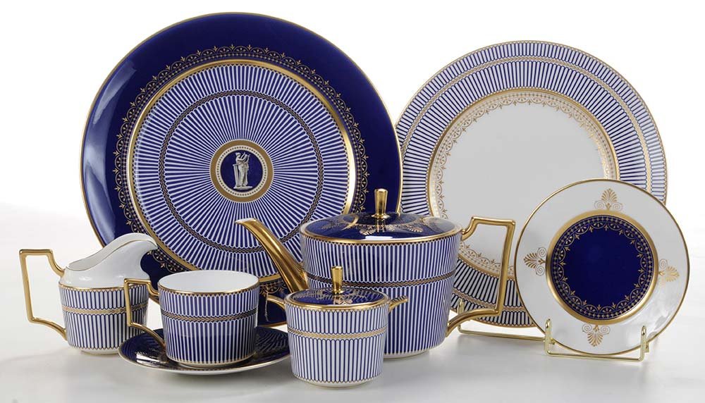 Wedgwood Dinner Service for Thirty Anthemion Blue Bone: England, includes 29 service plates 12 in., 30 dinner plates 10-3/4 in., 30 bread/butter plates 6 in., 26 rim soups 9 in., 30 coffee cups, 23 saucers, 1 salad/dessert 8 in., 1 coffee pot, 2 cream jugs