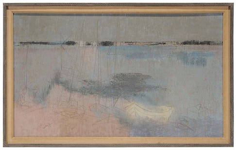 Joe Jones: (New York, 1909-1963) Abstract of Boats in an Estuary, signed lower right "Joe Jones", oil on canvas, 30 x 50 in.; original distressed wood frame,. Condition: original stretcher and tacking edge