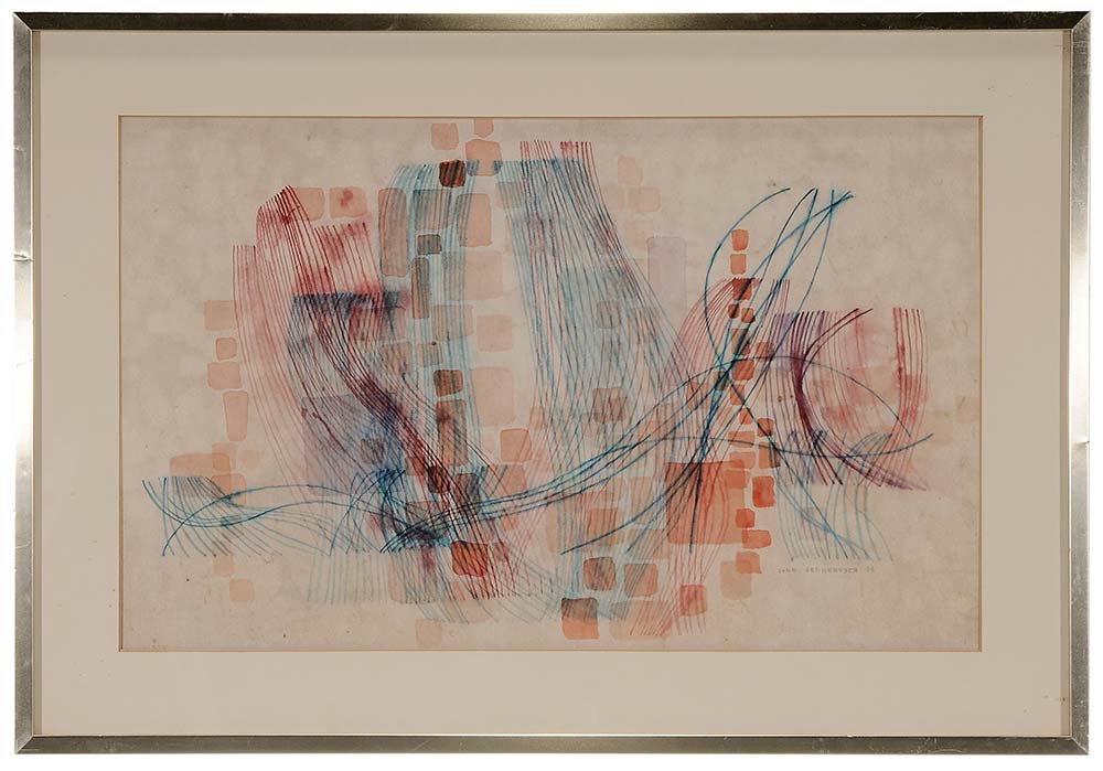 John Sennhauser: (New York/Switzerland,1907-1978) Untitled, 1956, signed lower right "John Sennhauser 56", watercolor on fibrous brown paper, 14-3/4 x 23-1/2; metal frame, Heydenryk label verso,. Condition: light toni