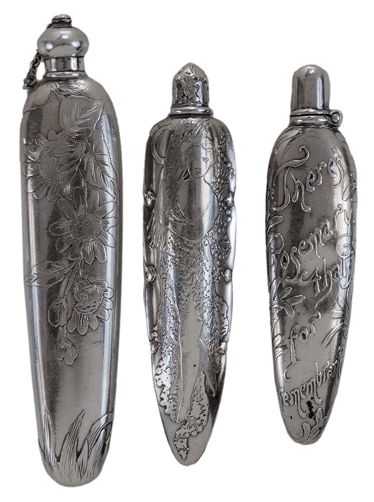 Tiffany and Gorham Sterling Glove: Colognes American, late 19th/early 20th century, all oval form with Art Nouveau decoration: two with marks for Tiffany & Co., one with raised inscribed "There's rosemary that's for remembrance", monog