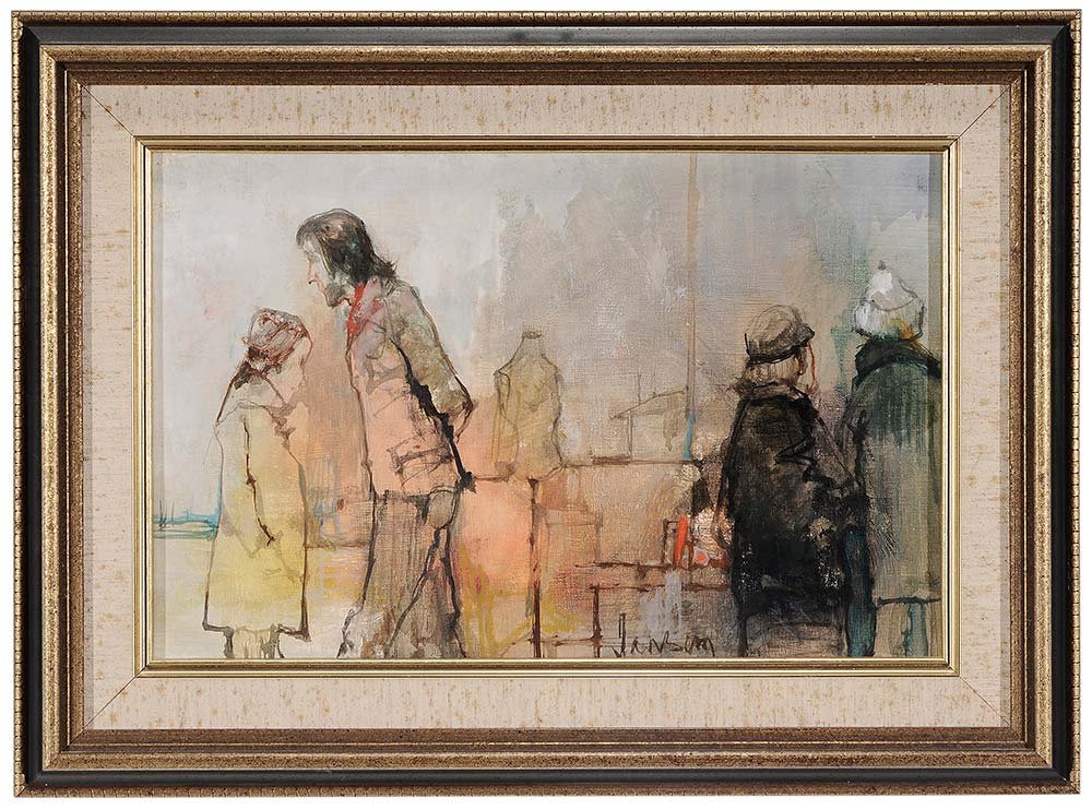 Jean Jansem: (French, 1920-2013) Shoppers, signed lower right "Jansem" and signed and inscribed verso canvas, "Pour Rhoda/et Charles/un souvenir…", oil on canvas, 10-3/4 x 16-1/4 in.; modern parcel gilt wood fra