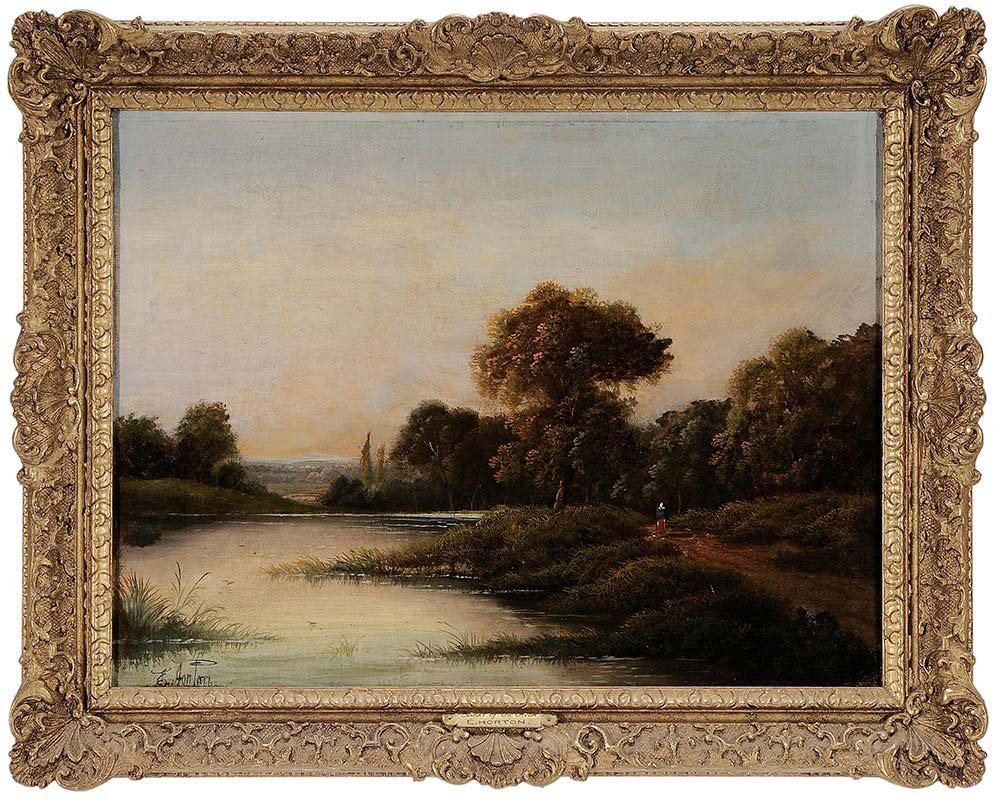 Etty Horton: (British 1884-1918) Banks of the Avon, signed lower left "E. Horton", oil on canvas, 18 x 23-3/4 in.; gilt wood and composition frame,. Condition: original stretcher and tacking edge. Provenance: Priv