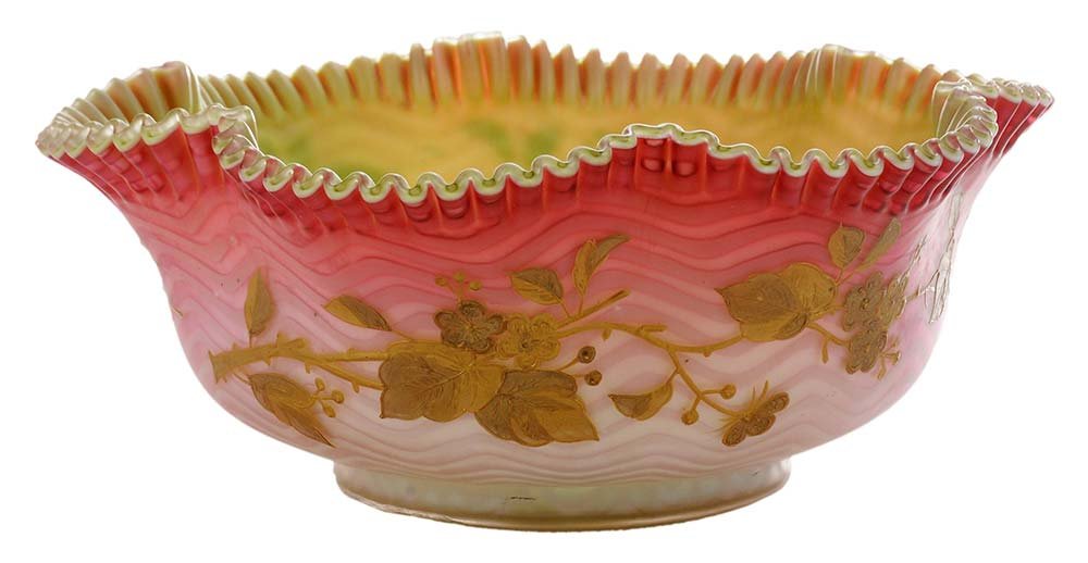Thomas Webb & Sons Satin Glass Basket: English, late 19th/early 20th century, finely ribbed and scalloped cased glass with a lime green interior with center sunburst, exterior with ruby to light pink wavy body with finely gilt applied flow